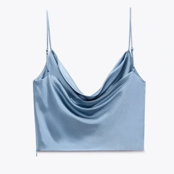Zara Liquid Blue Silver Perfect SATIN EFFECT SHORT TOP - Small - Picture 1 of 8